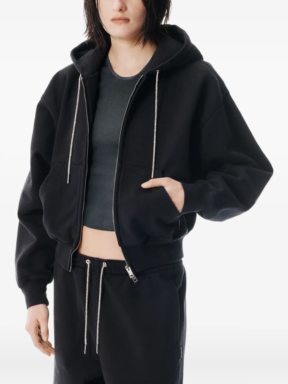 Alexander Wang Rhinestone-drawcord Cotton Track Pants In Black