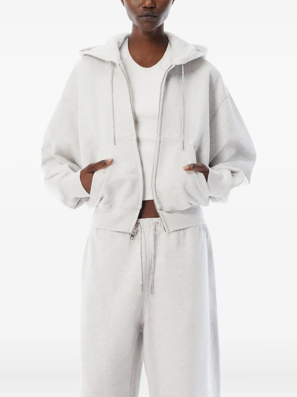 Alexander Wang Rhinestone-drawcord Zip-up Hoodie In White