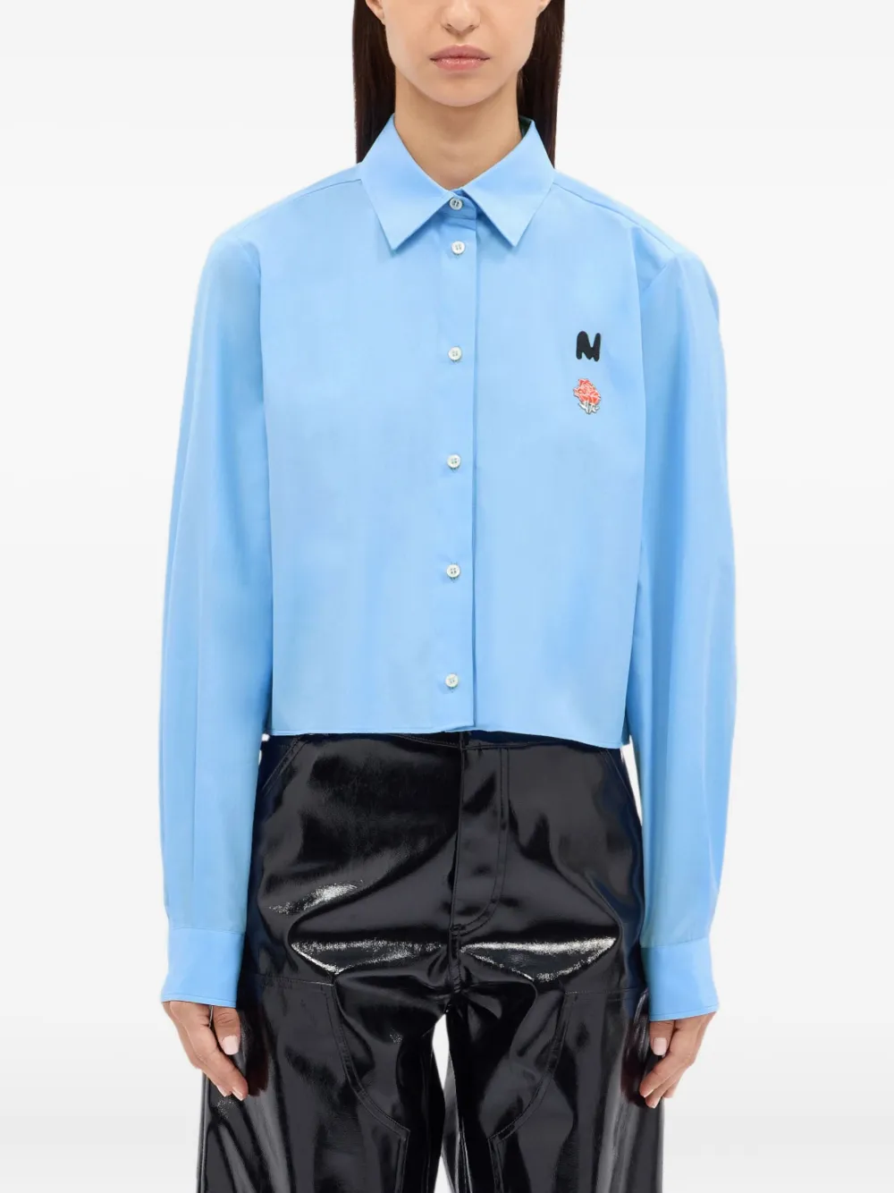 Msgm Rose-embroidered Cropped Shirt In Blue