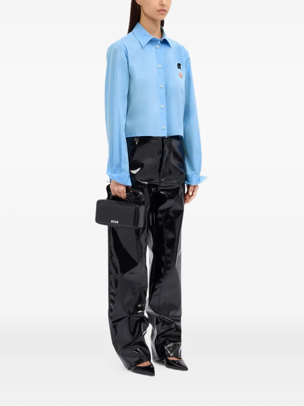 Msgm Rose-embroidered Cropped Shirt In Blue
