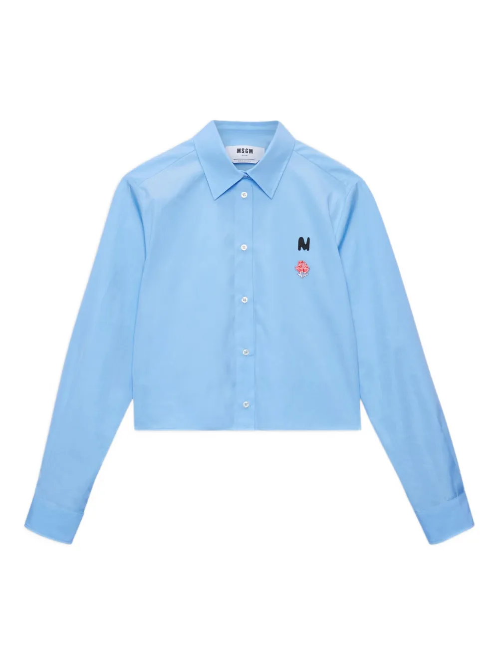 Msgm Rose-embroidered Cropped Shirt In Blue