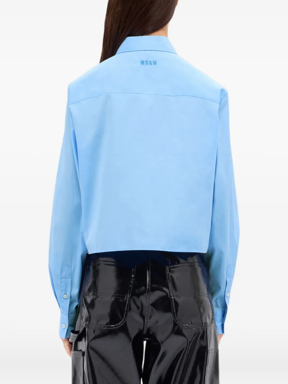 Msgm Rose-embroidered Cropped Shirt In Blue