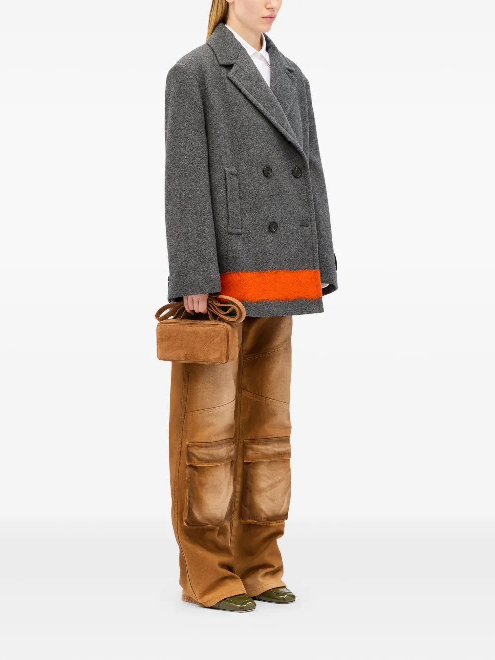 Msgm Contrasting-band Double-breasted Coat In Gray