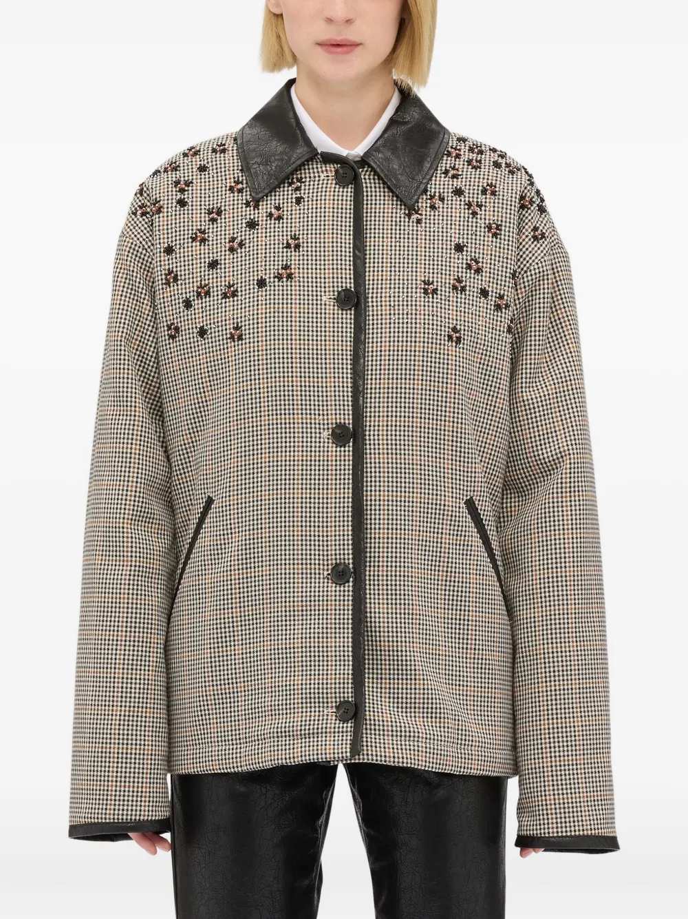 Msgm Check-pattern Collared Coat In Neutral