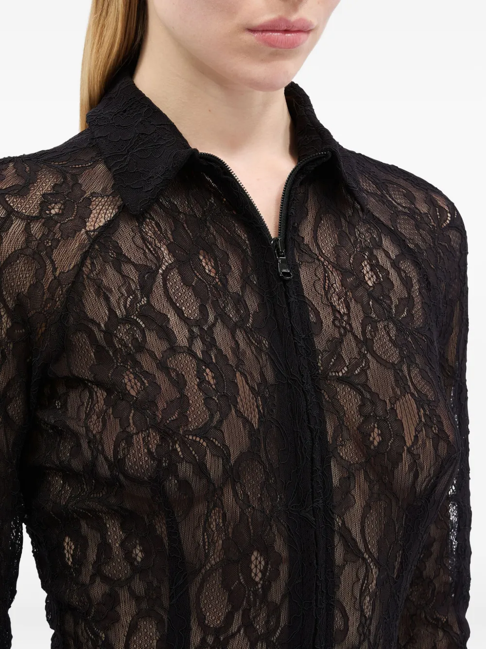 Msgm Floral-lace Zip-up Shirt In Black