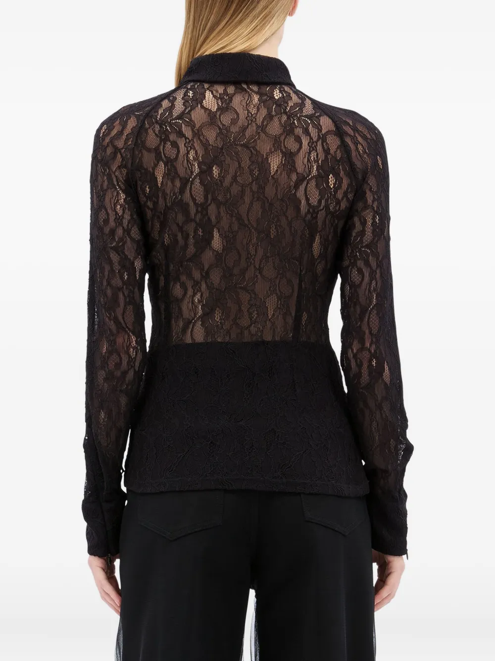 Msgm Floral-lace Zip-up Shirt In Black