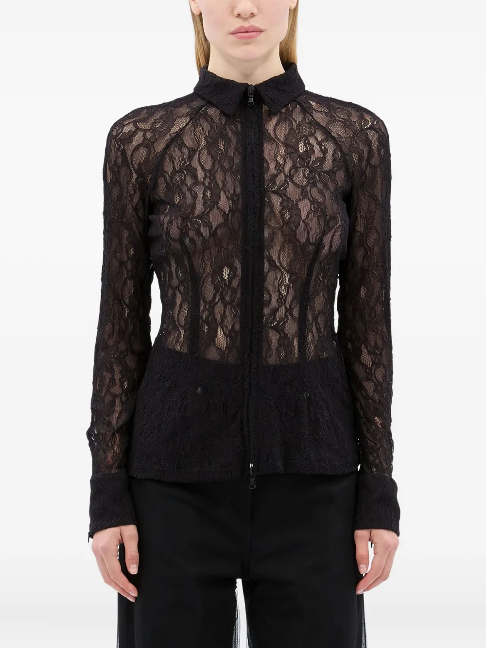 Msgm Floral-lace Zip-up Shirt In Black