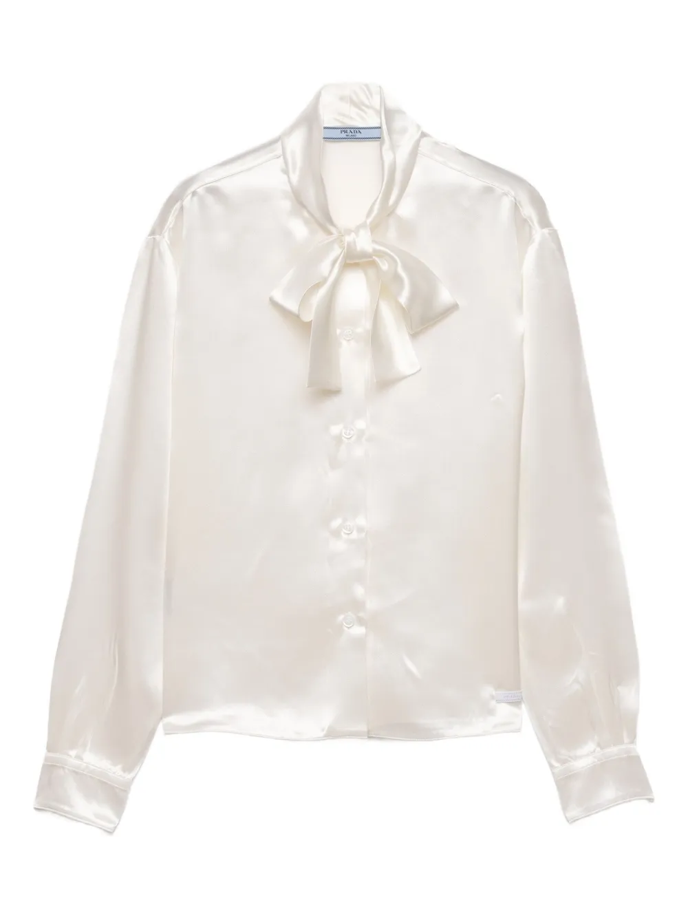 Prada Satin Bow-neck Button-down Blouse In White