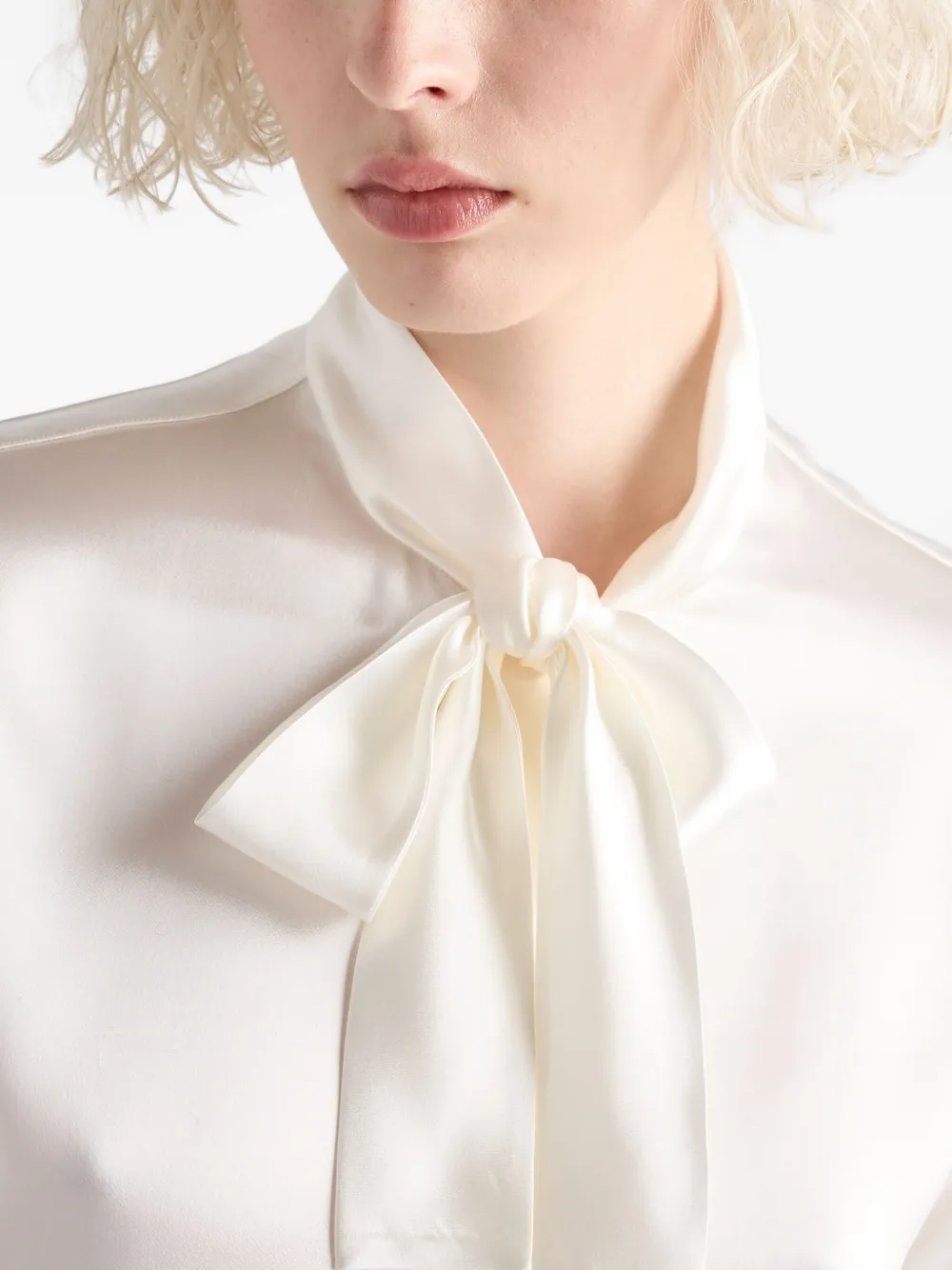 Prada Satin Bow-neck Button-down Blouse In White