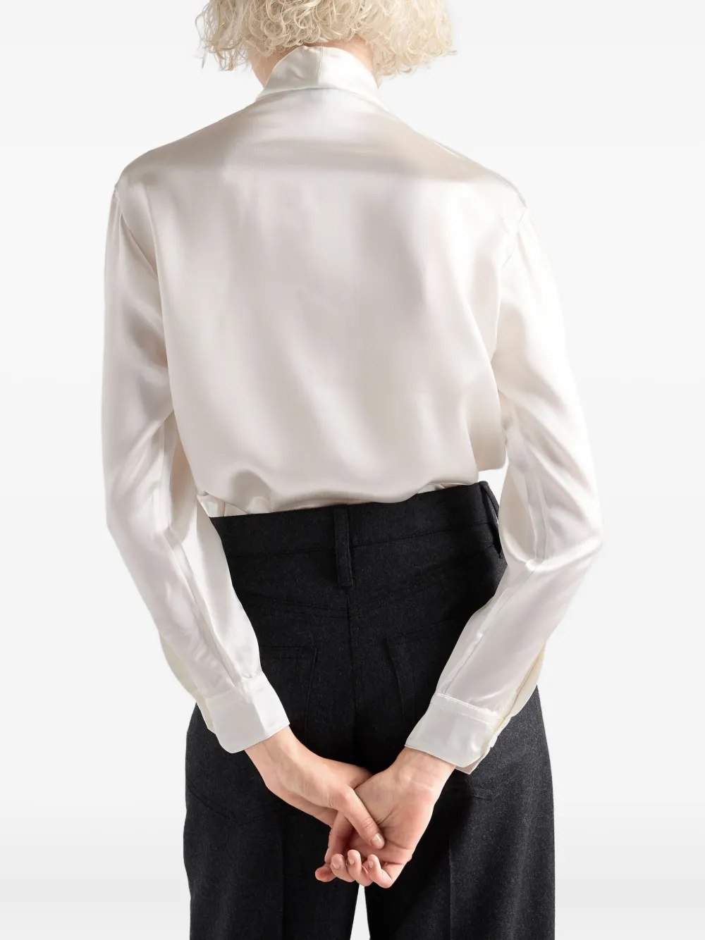 Prada Satin Bow-neck Button-down Blouse In White