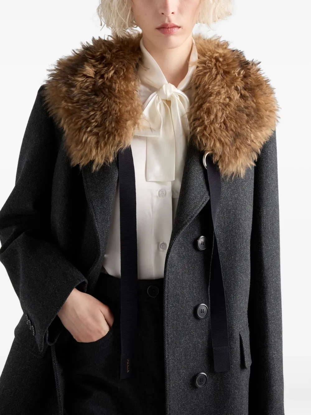 Prada Satin Bow-neck Button-down Blouse In White
