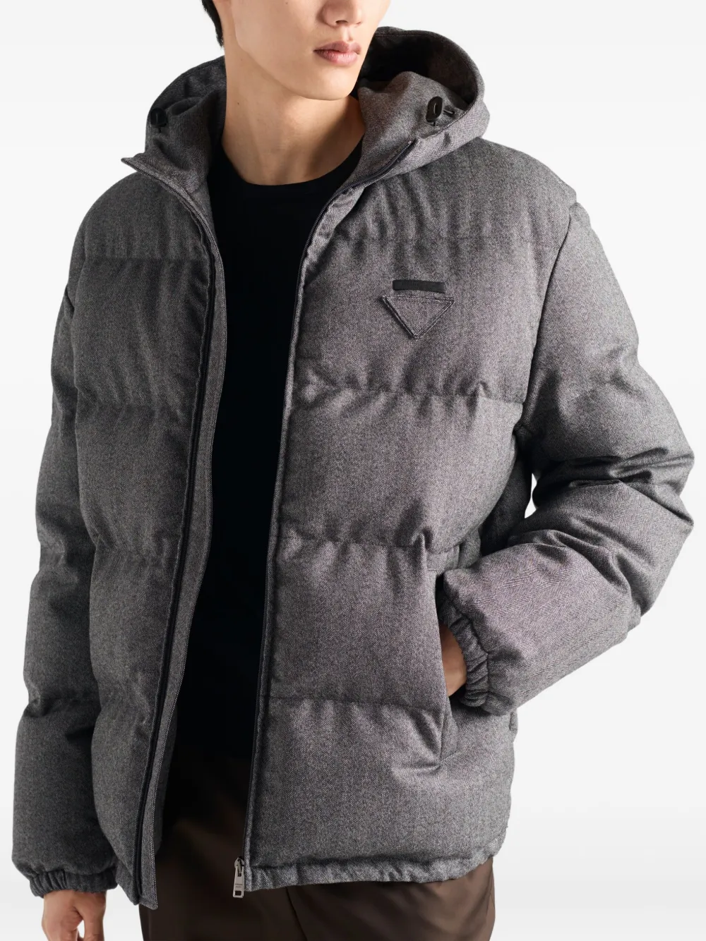 Prada Mens Grey Logo-plaque Hooded Wool Shell-down Jacket In Gray