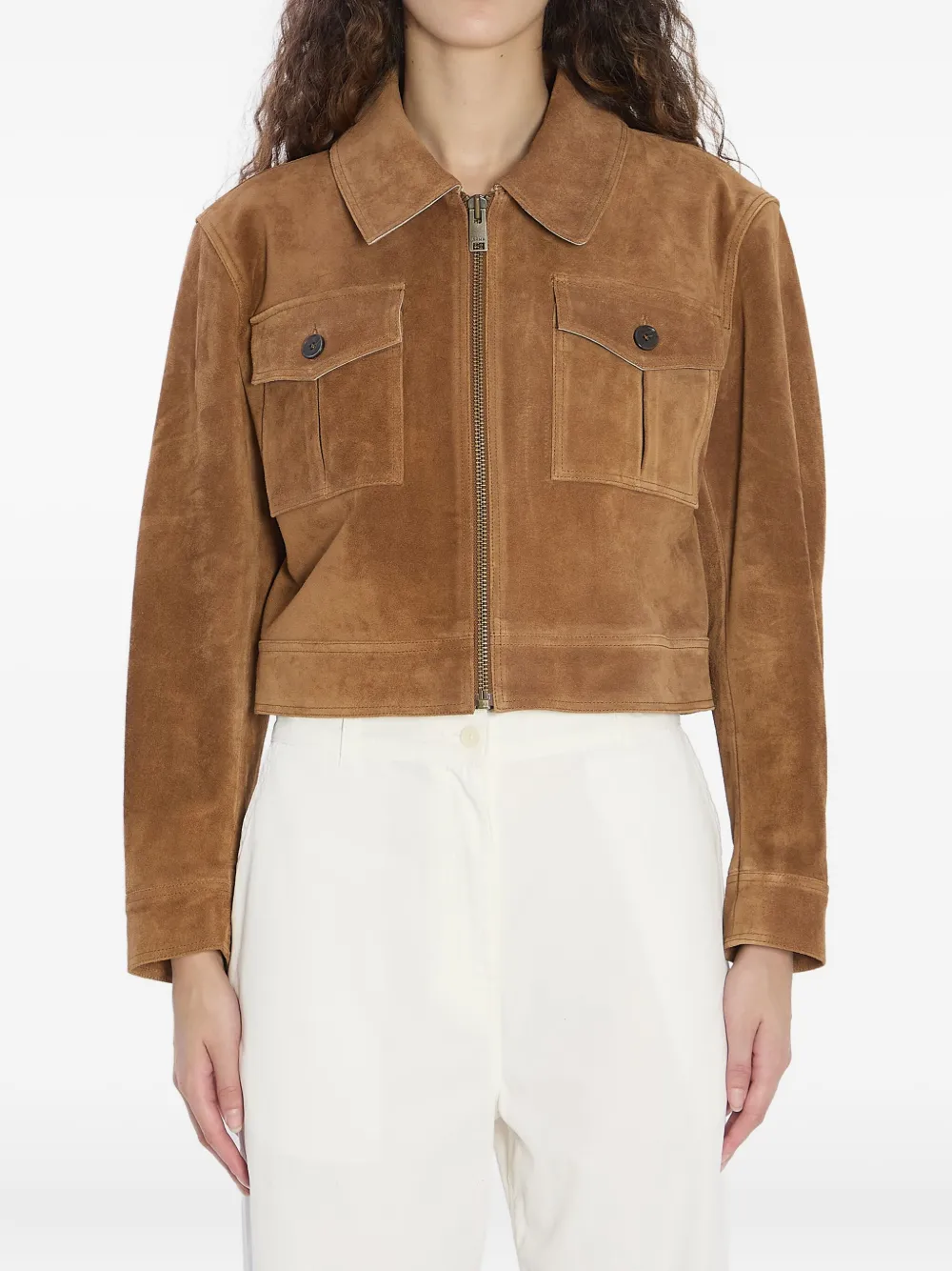 pointed-collar flap-pocket suede jacket