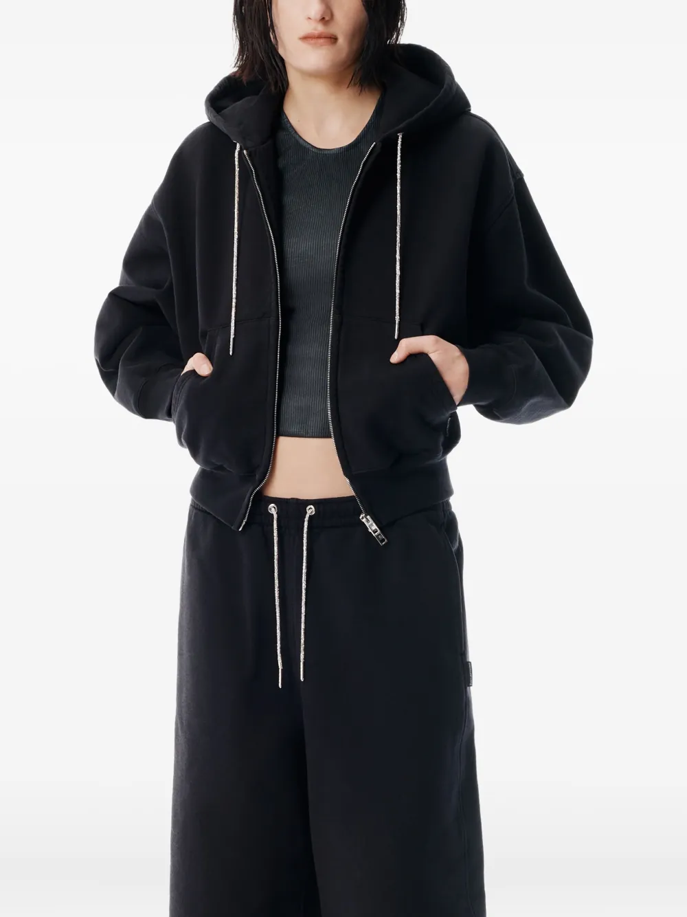 Alexander Wang Rhinestone-drawcord Zip-up Hoodie In Black