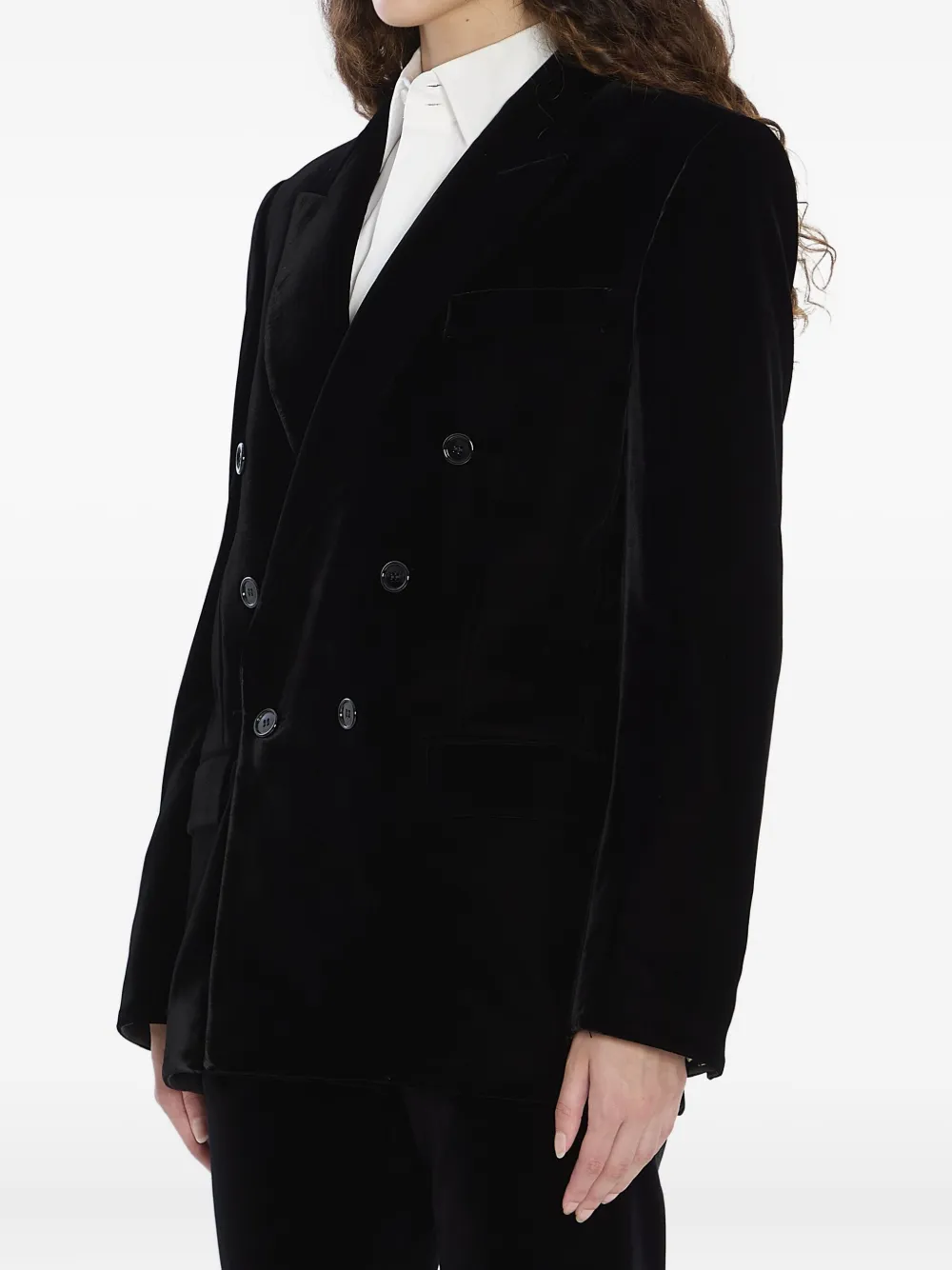 Saint Laurent Cassandre double-breasted velvet jacket 1000|Black