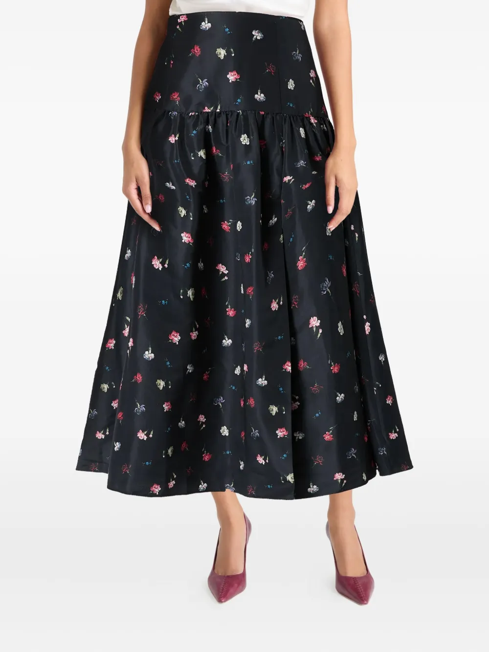 Cinq À Sept Theora Tumbling-carnations Midi Skirt In Black