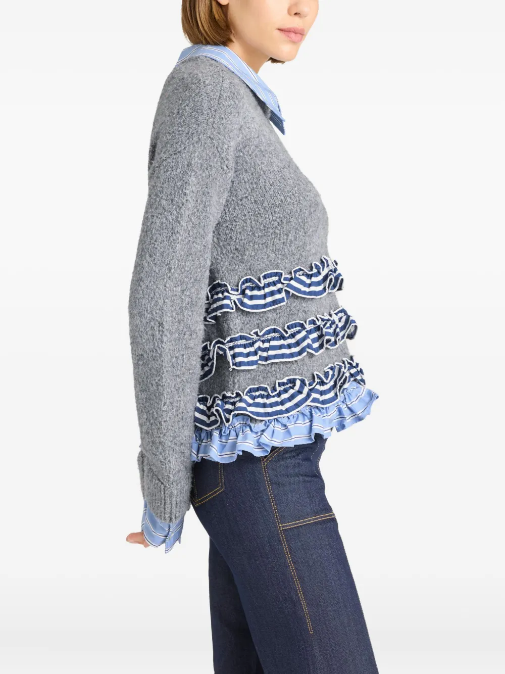 Cinq À Sept Leina Ruffled Striped Sweater In Gray