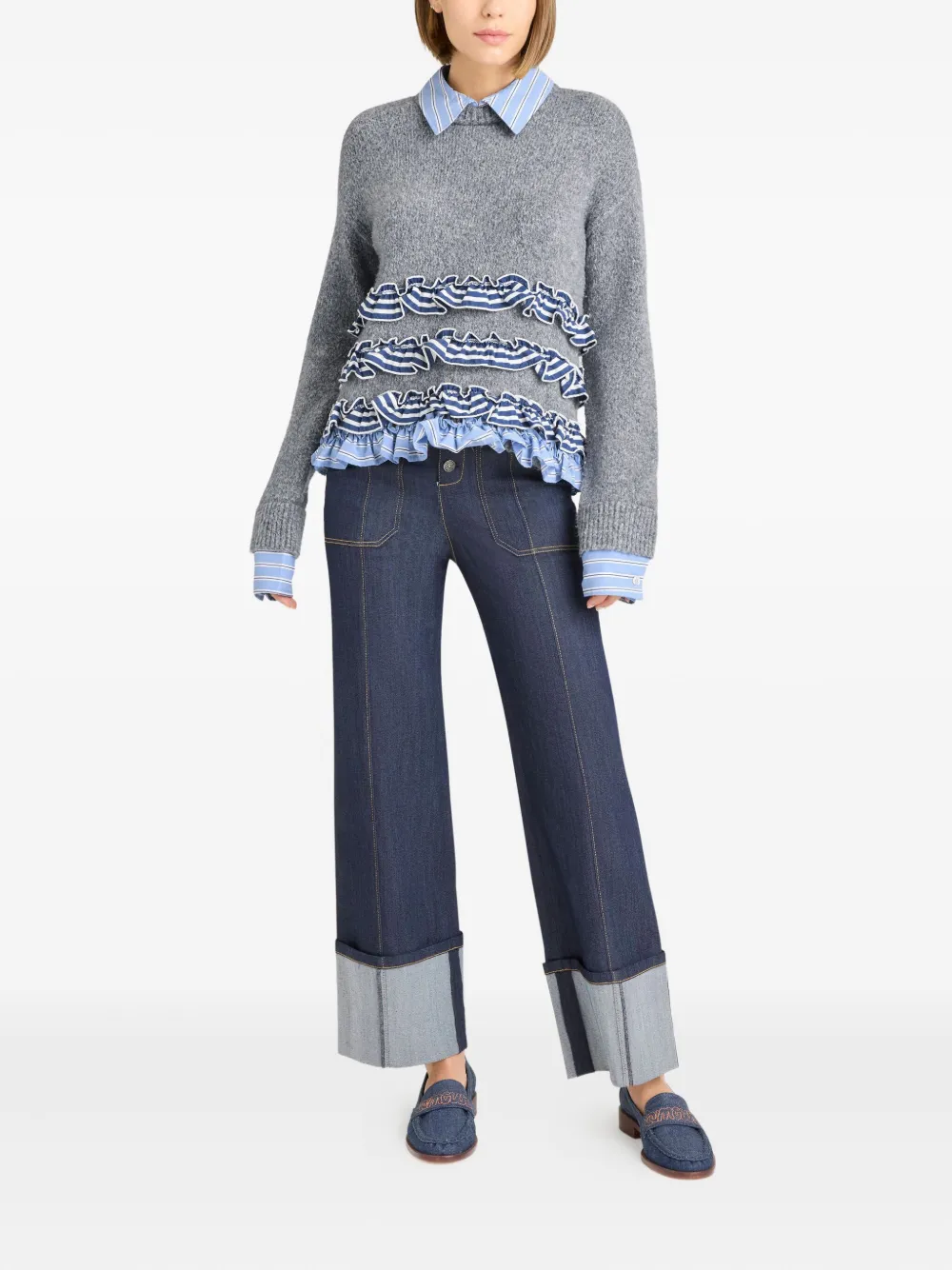 Cinq À Sept Leina Ruffled Striped Sweater In Gray