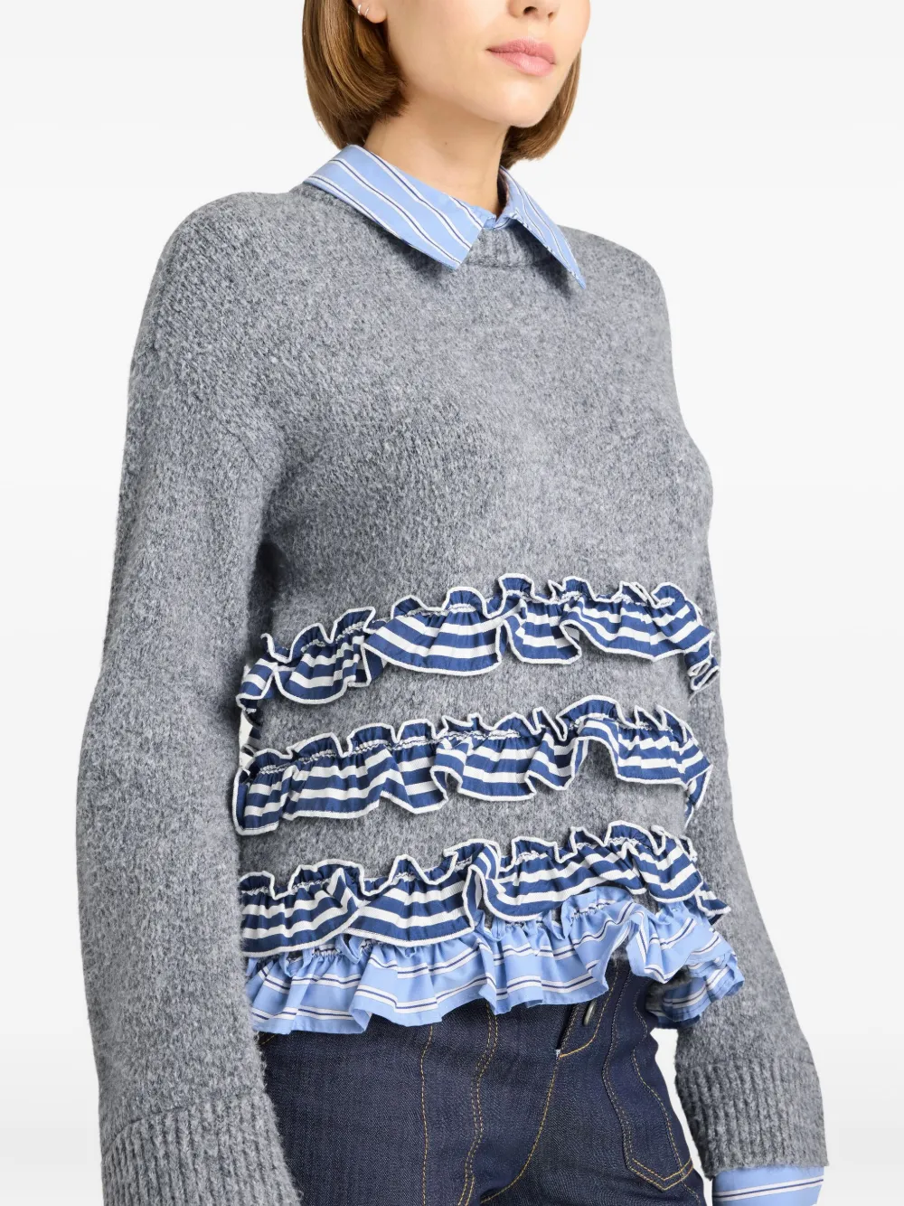 Cinq À Sept Leina Ruffled Striped Sweater In Gray