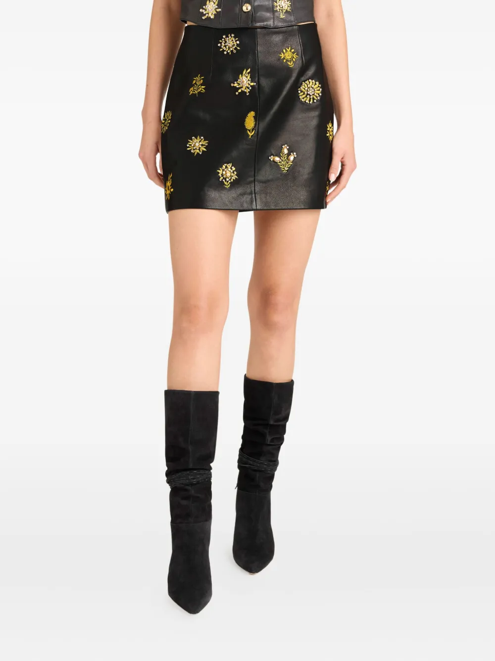 Cinq À Sept Embellished Leather Skirt In Black