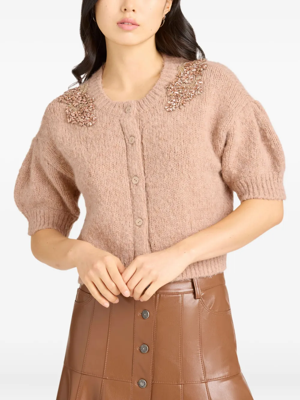 Cinq À Sept Millicent Embellished Puff-sleeve Cardigan In Neutral