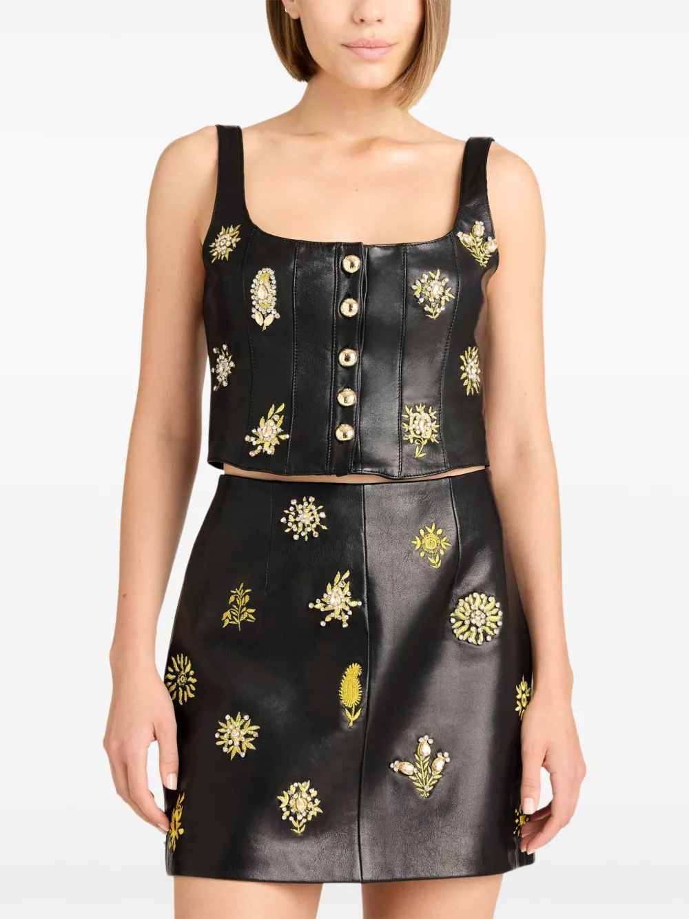 Cinq À Sept Embellished Buttoned Leather Top In Black