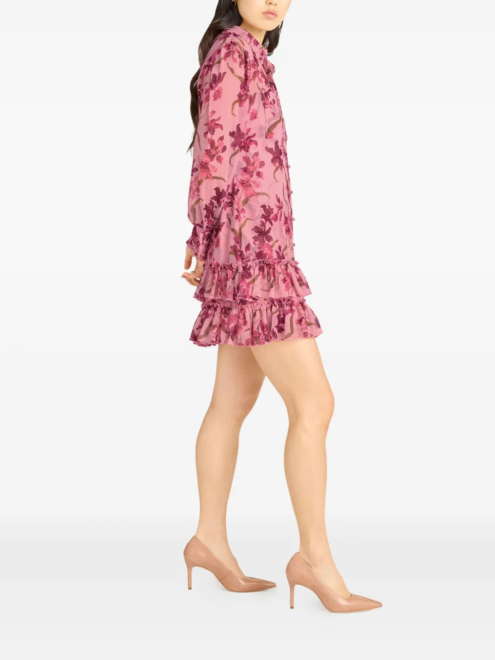 Cinq À Sept Lupetto Trailing Hibiscus Long Sleeve Mini Shirtdress In Pink