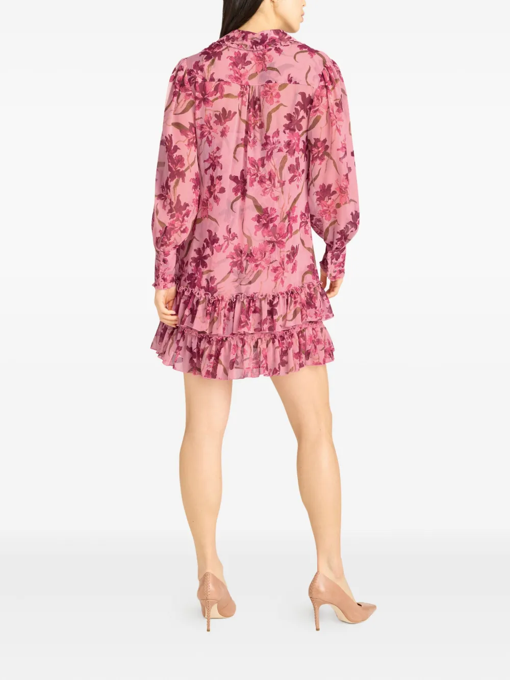 Cinq À Sept Lupetto Trailing Hibiscus Long Sleeve Mini Shirtdress In Pink