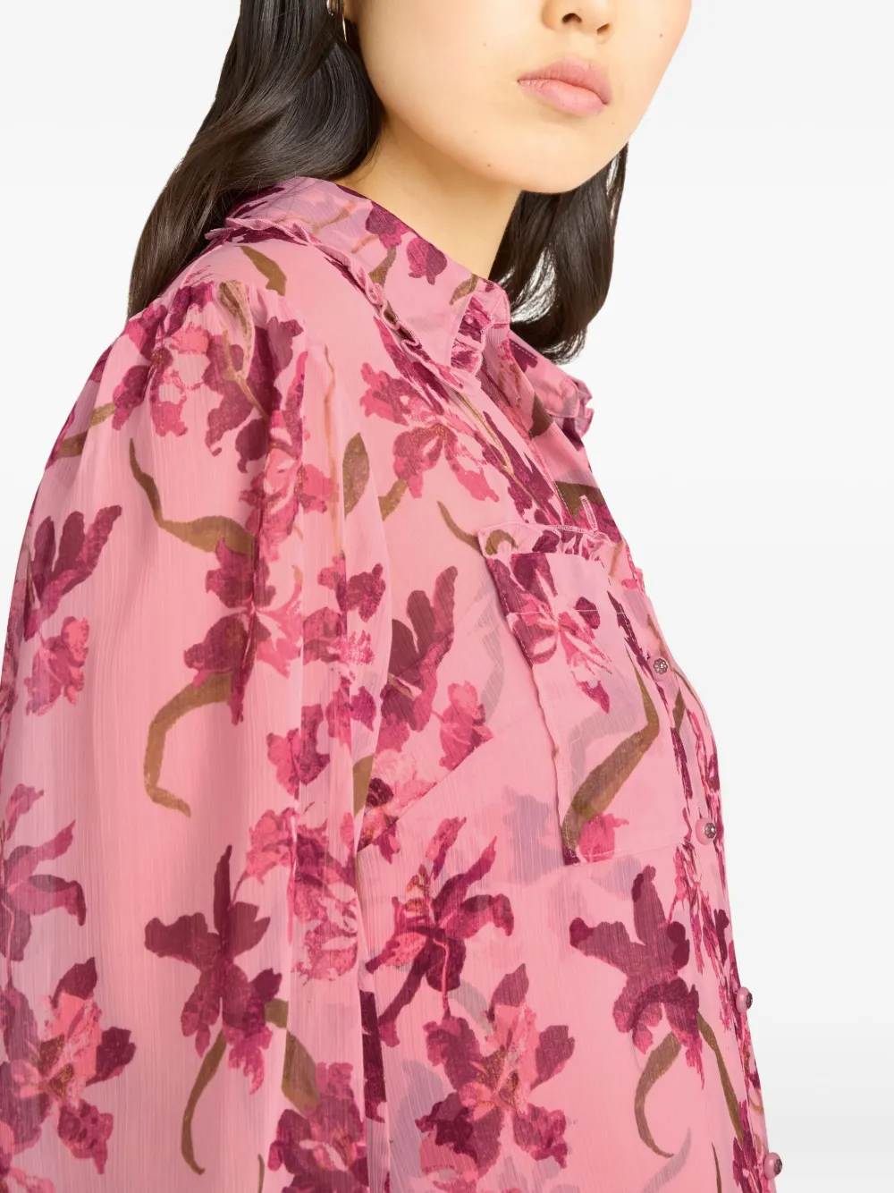 Cinq À Sept Lupetto Trailing Hibiscus Long Sleeve Mini Shirtdress In Pink