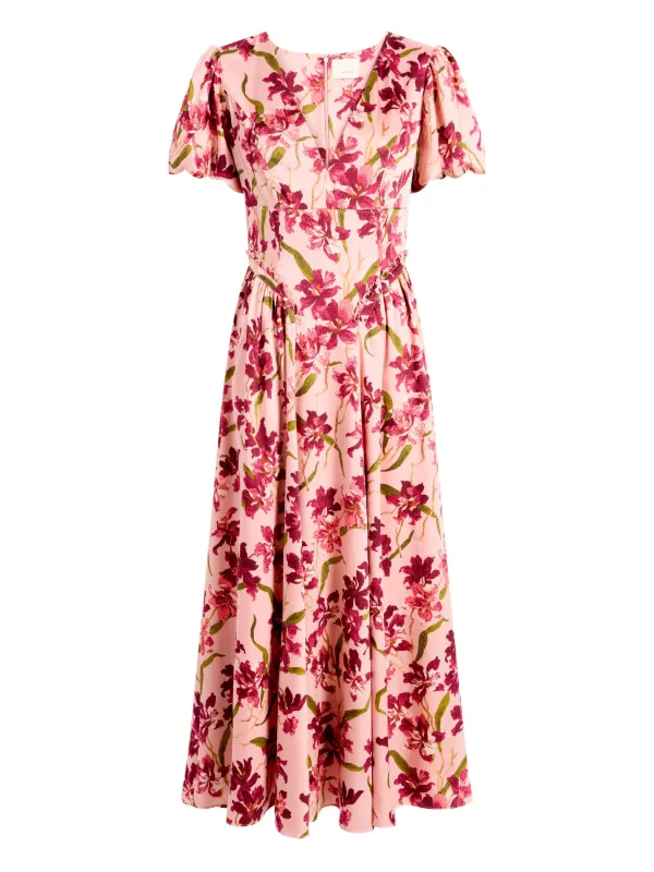 strapless open back dress Pink Puff Sleeves Floral Ruffle Short Homecoming Dress with Bow main image 0