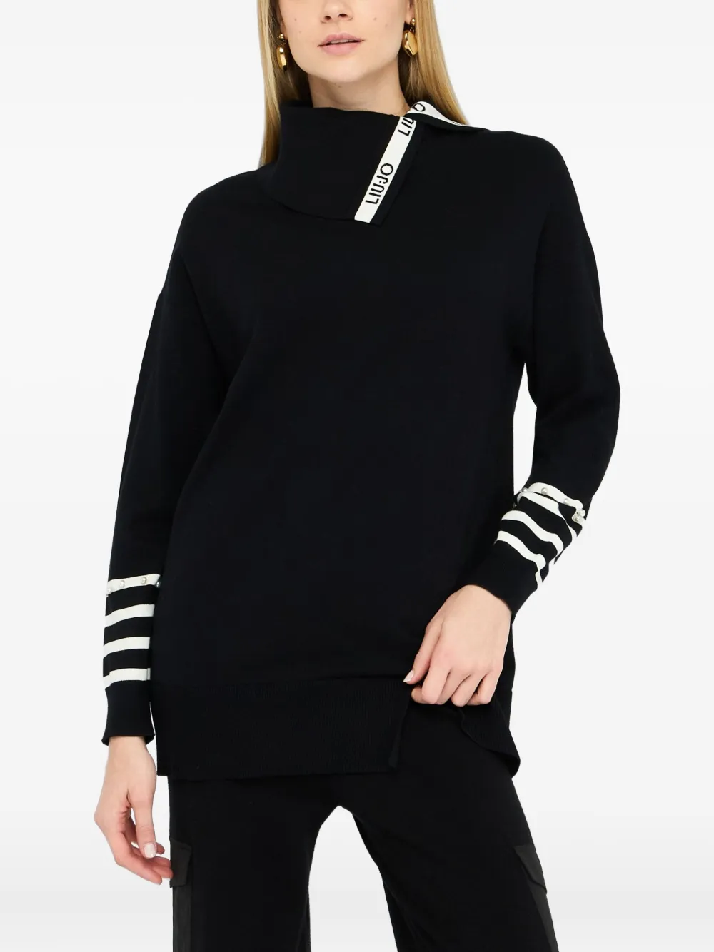 Liu •jo Roll-neck Striped-cuff Top In Black
