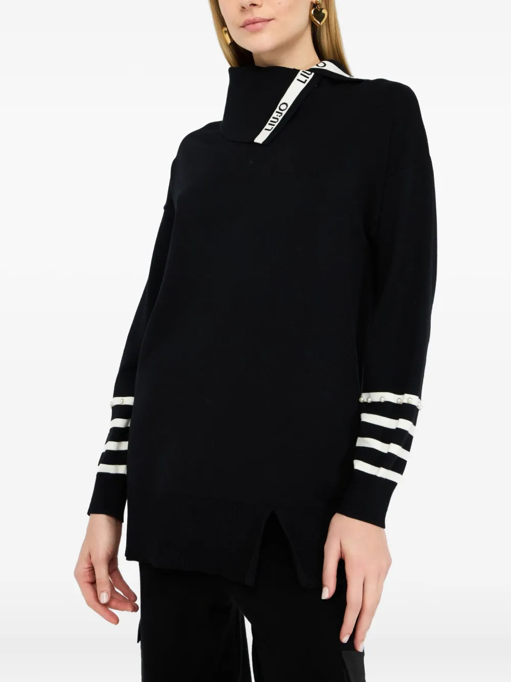 Liu •jo Roll-neck Striped-cuff Top In Black