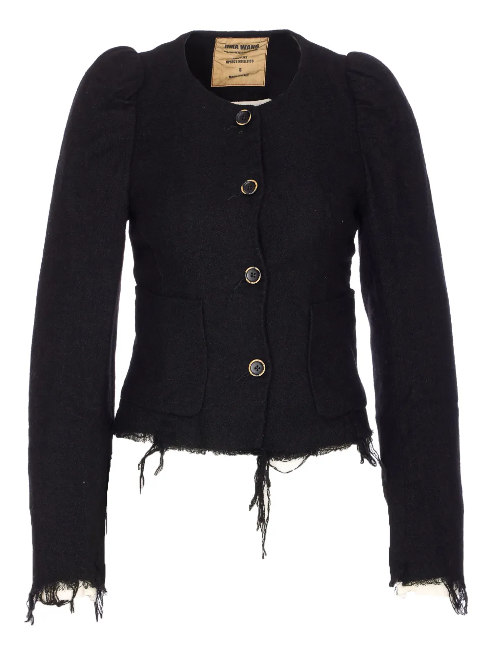 Uma Wang puff-sleeve frayed-hem jacket Zwart
