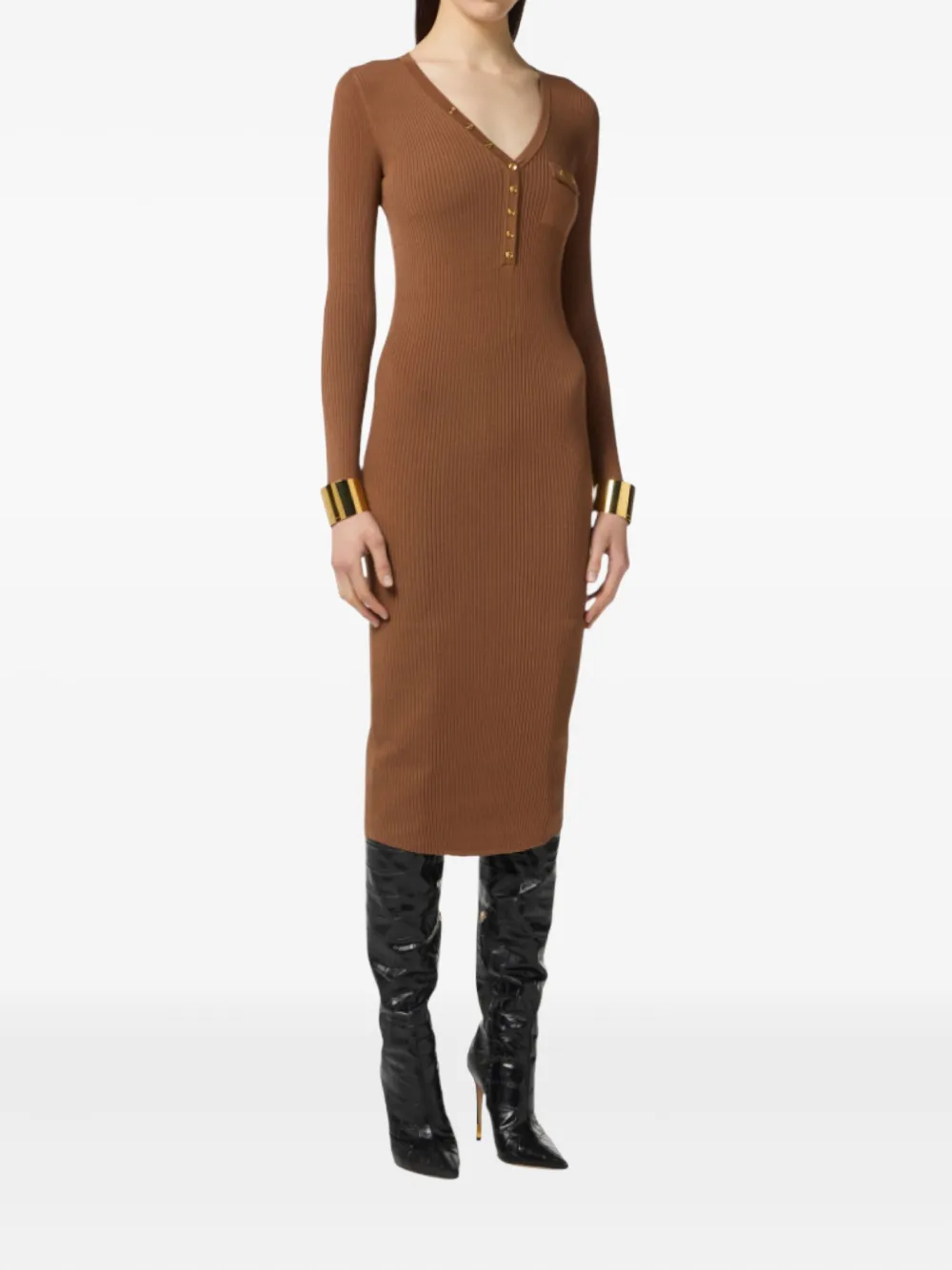 Elisabetta Franchi ribbed gold-tone button midi dress Bruin