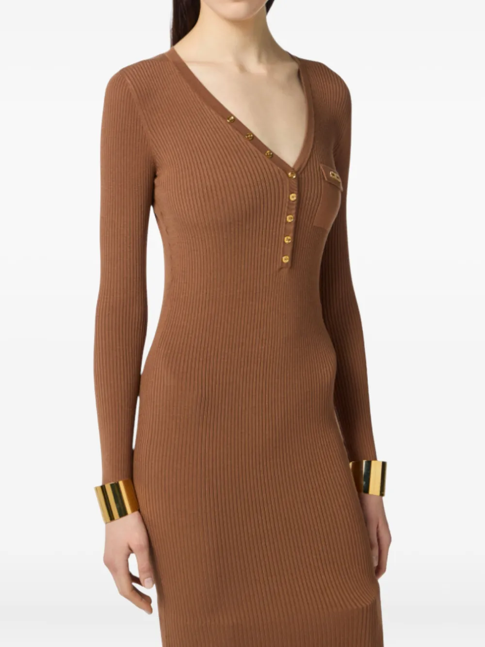 Elisabetta Franchi ribbed gold-tone button midi dress Bruin