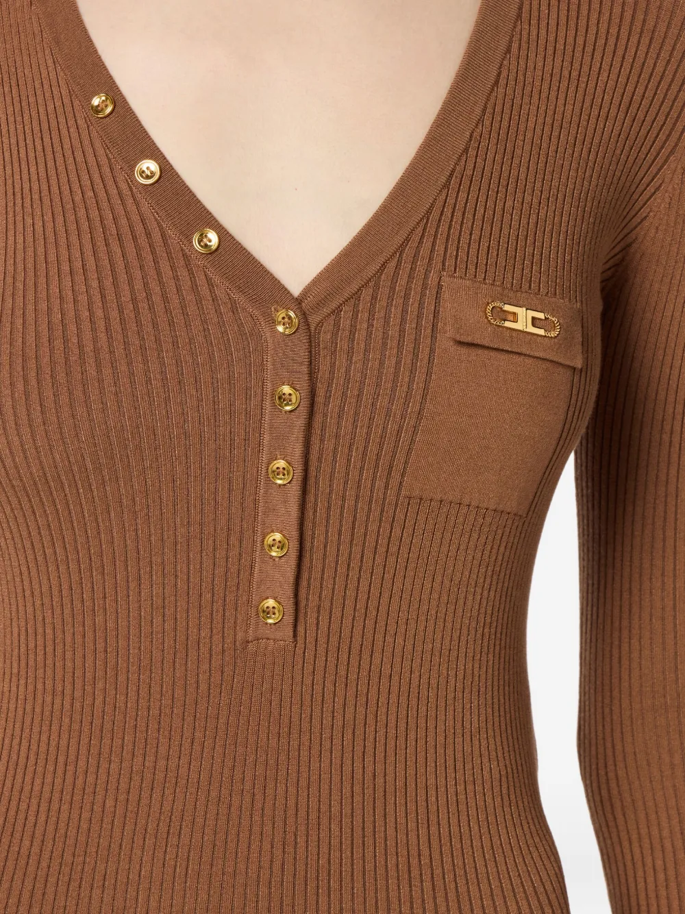 Elisabetta Franchi ribbed gold-tone button midi dress Bruin