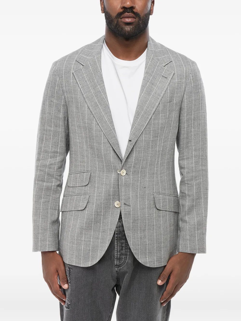 Brunello Cucinelli Half-lined Linen Blend Blazer With Houndstooth Motif In Gray