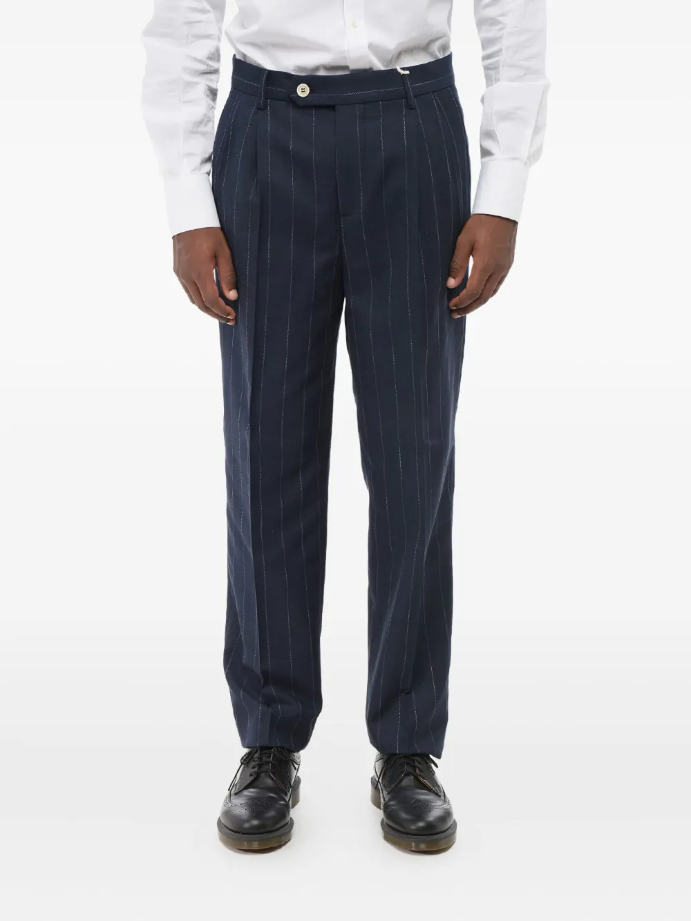Brunello Cucinelli 핀스트라이프 플리츠 팬츠 | 블루 | Image 1
