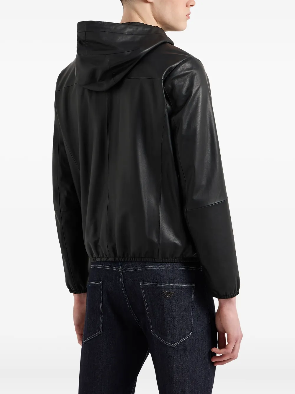 Emporio Armani Leren jack met geborduurd logo Zwart