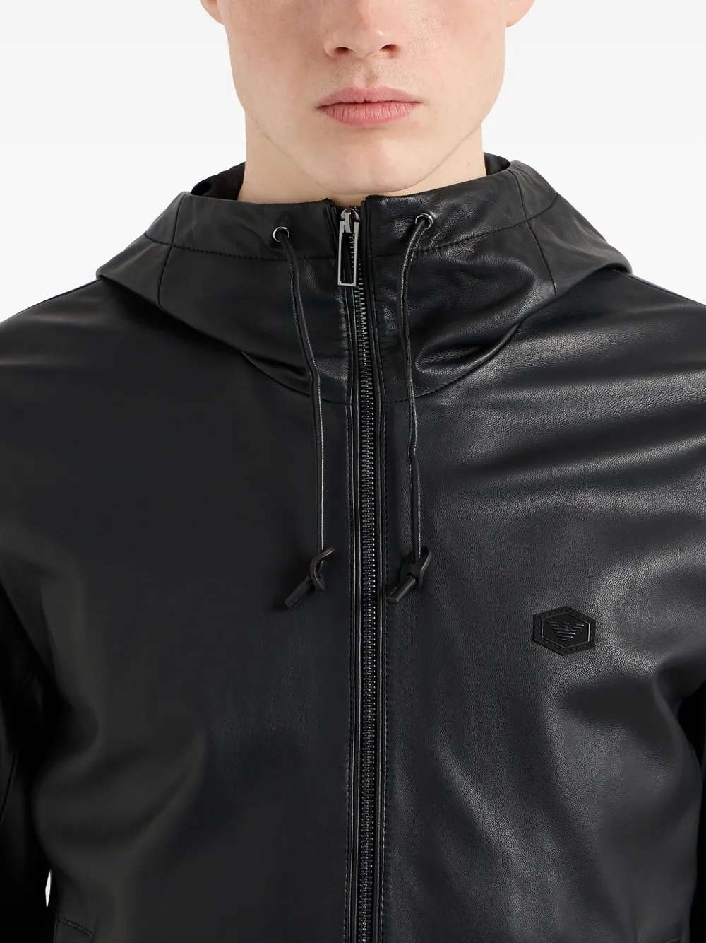Emporio Armani Leren jack met geborduurd logo Zwart