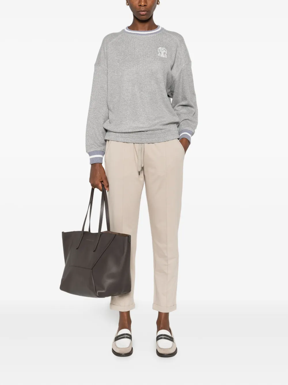 Brunello Cucinelli Trui met geborduurd detail en geribbelde manchetten Zilver