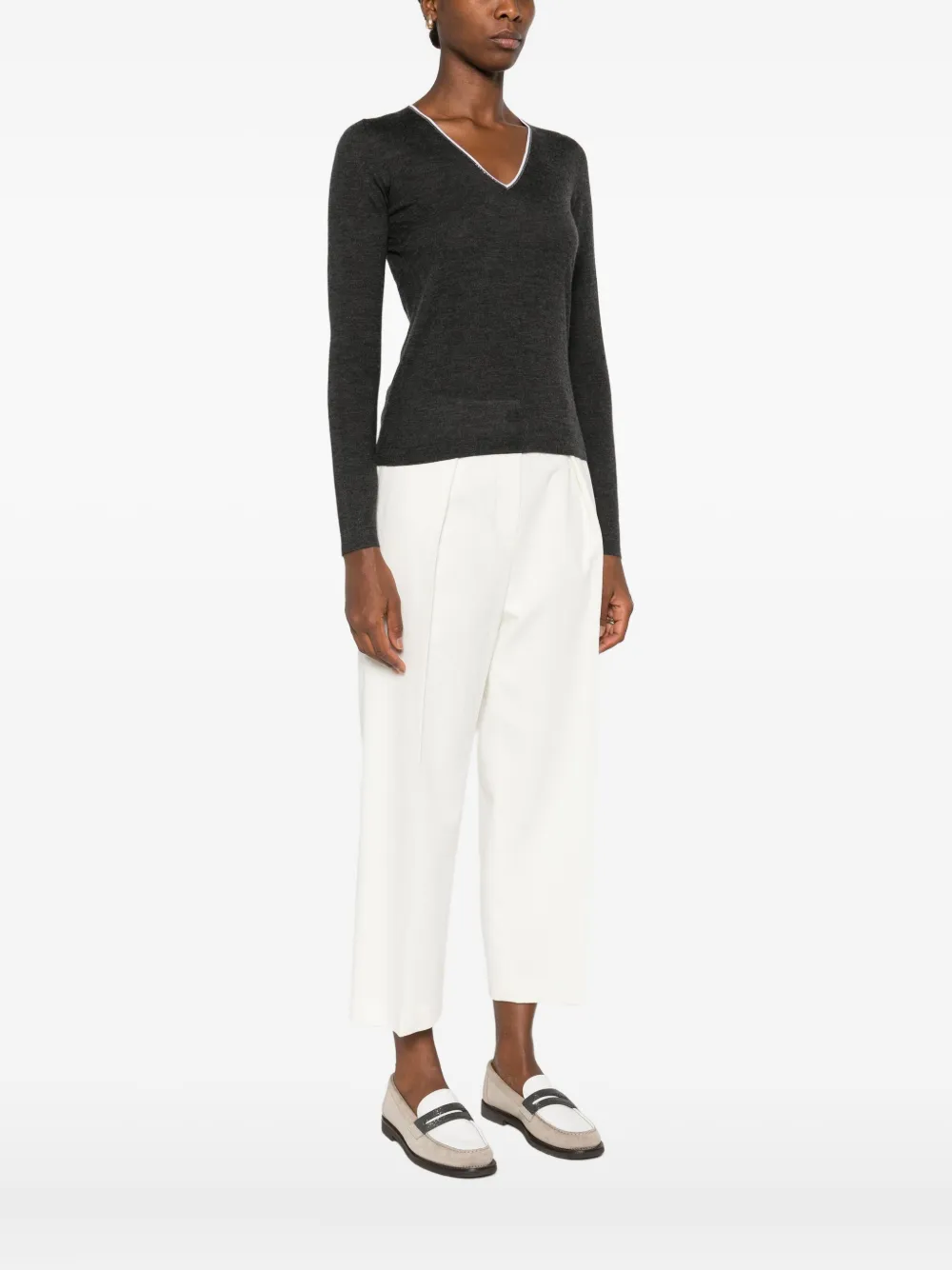Brunello Cucinelli Cashmere And Silk V-necked Sweater In Gray