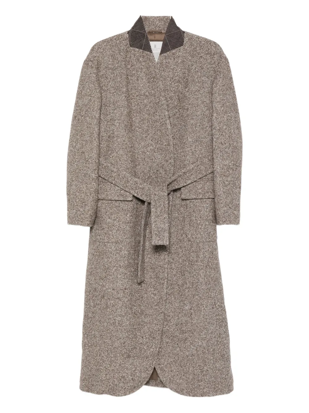 Brunello Cucinelli Belted Tweed Coat In Brown