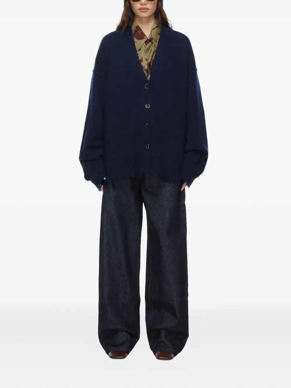 Uma Wang Over Frayed Button-down Cardigan In Blue