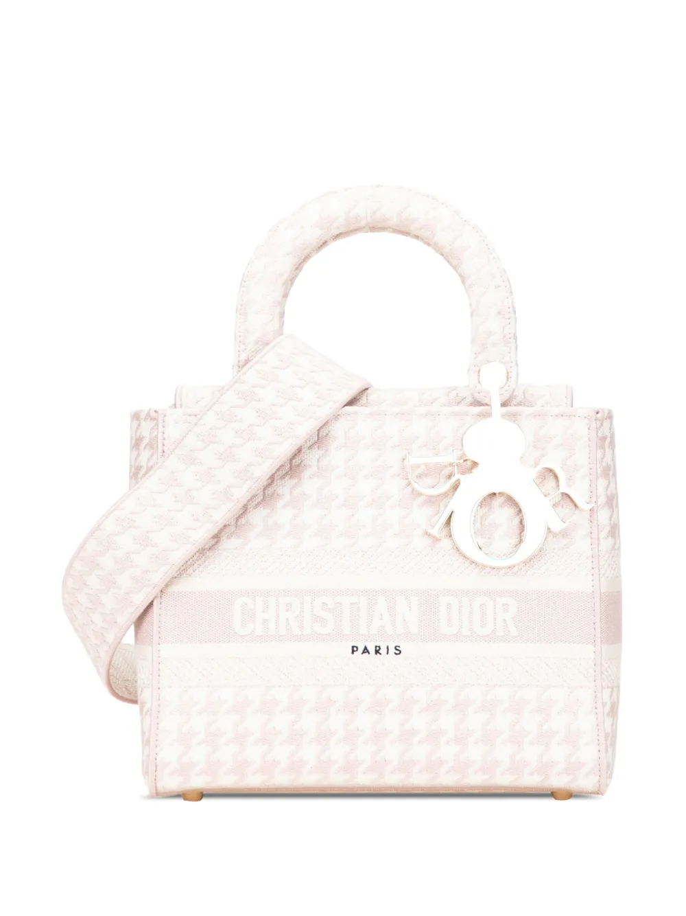 Pre-owned Dior 2021 Medium Canvas Houndstooth Embroidered Lady D Lite Satchel In Pink