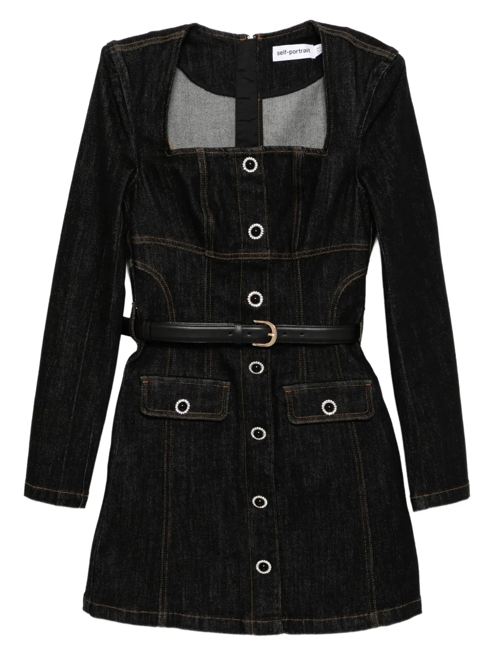 Self-portrait Denim Long-sleeves Mini Dress In Black