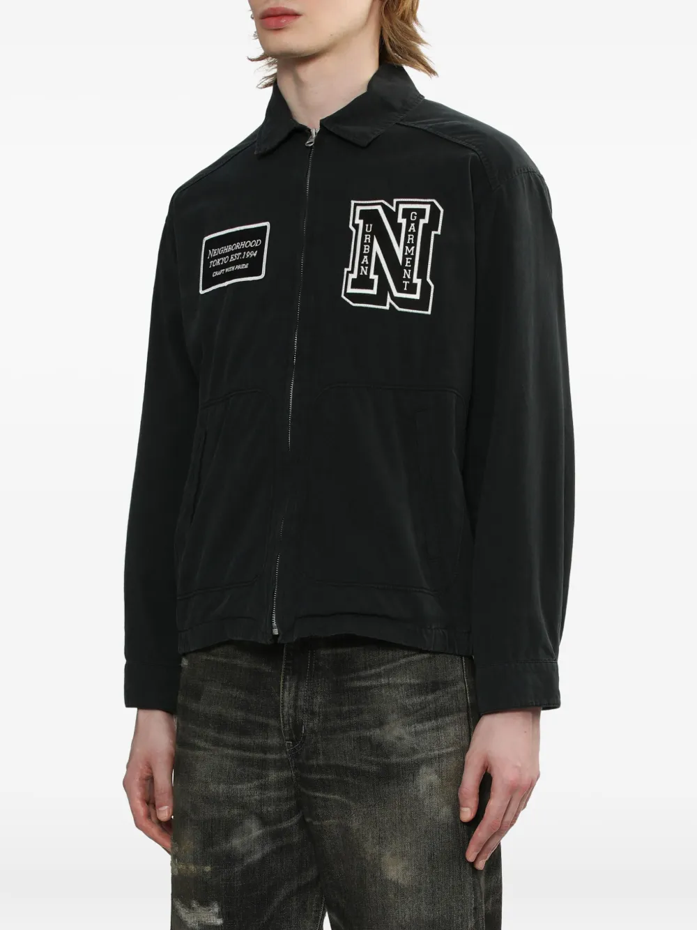 Neighborhood Logo-patch Zip-fastening Jacket In Black