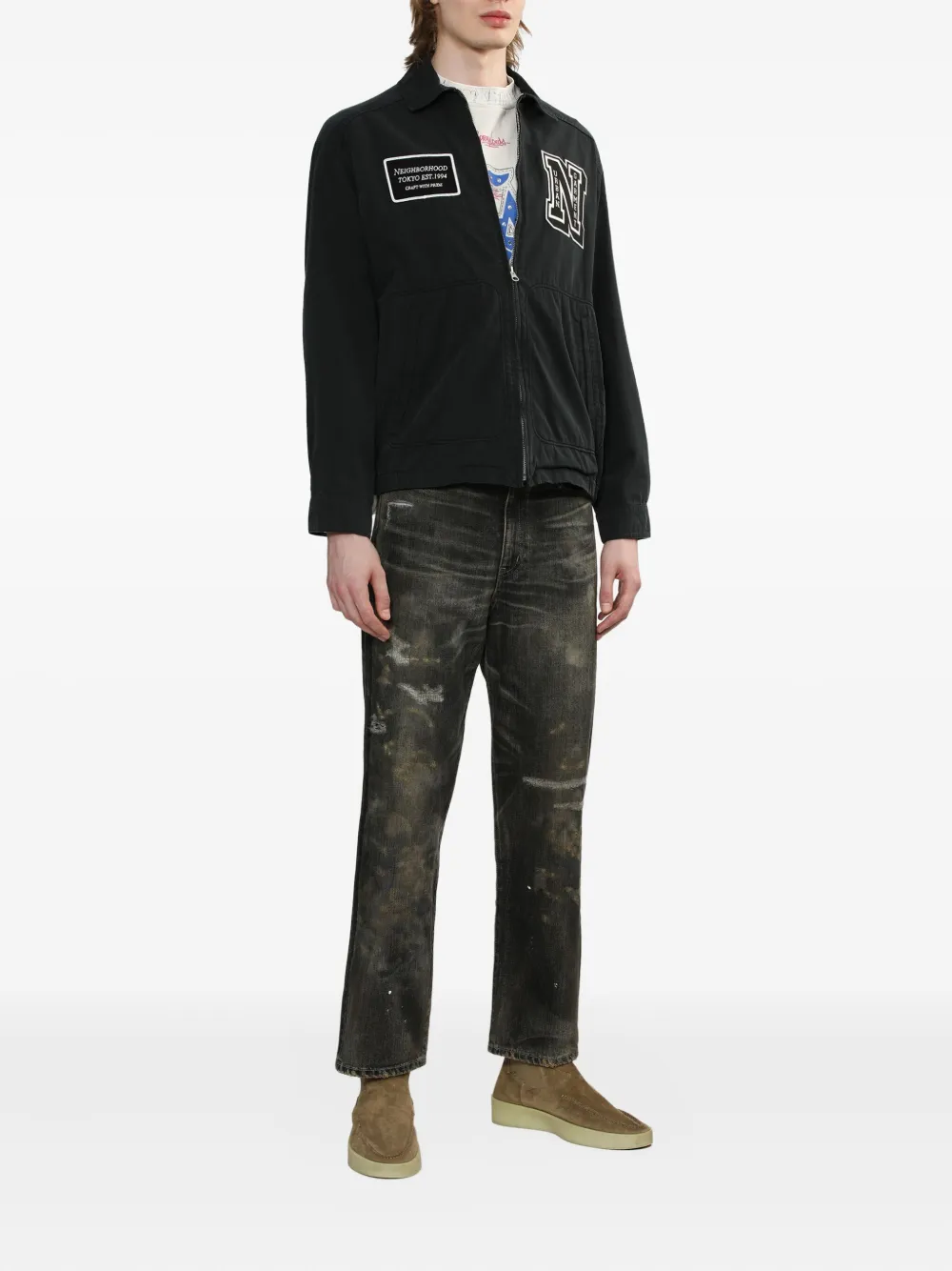 Neighborhood Logo-patch Zip-fastening Jacket In Black