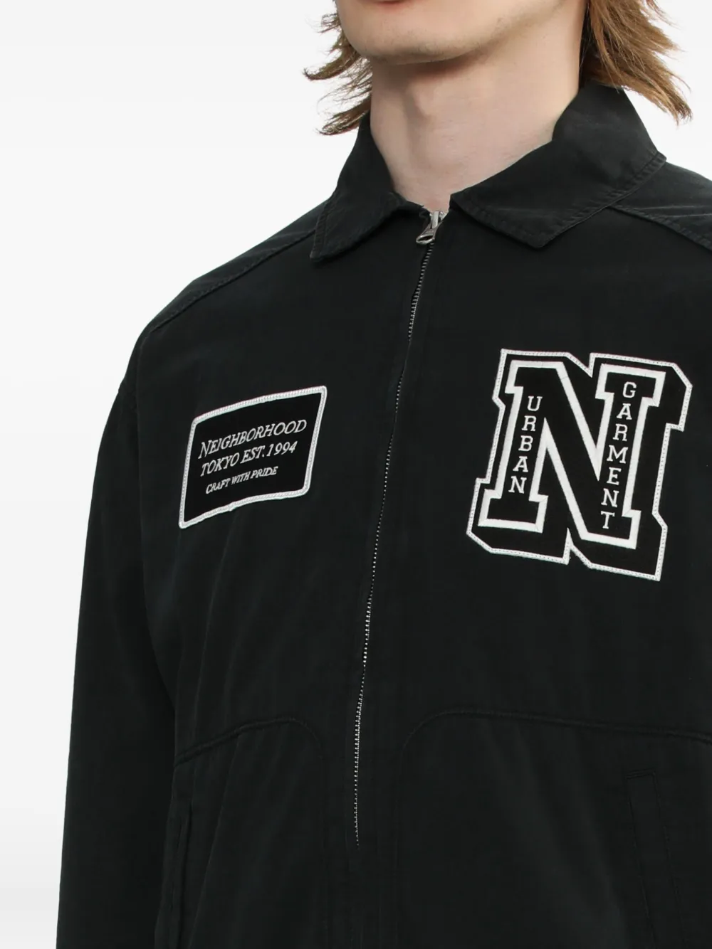 Neighborhood Logo-patch Zip-fastening Jacket In Black