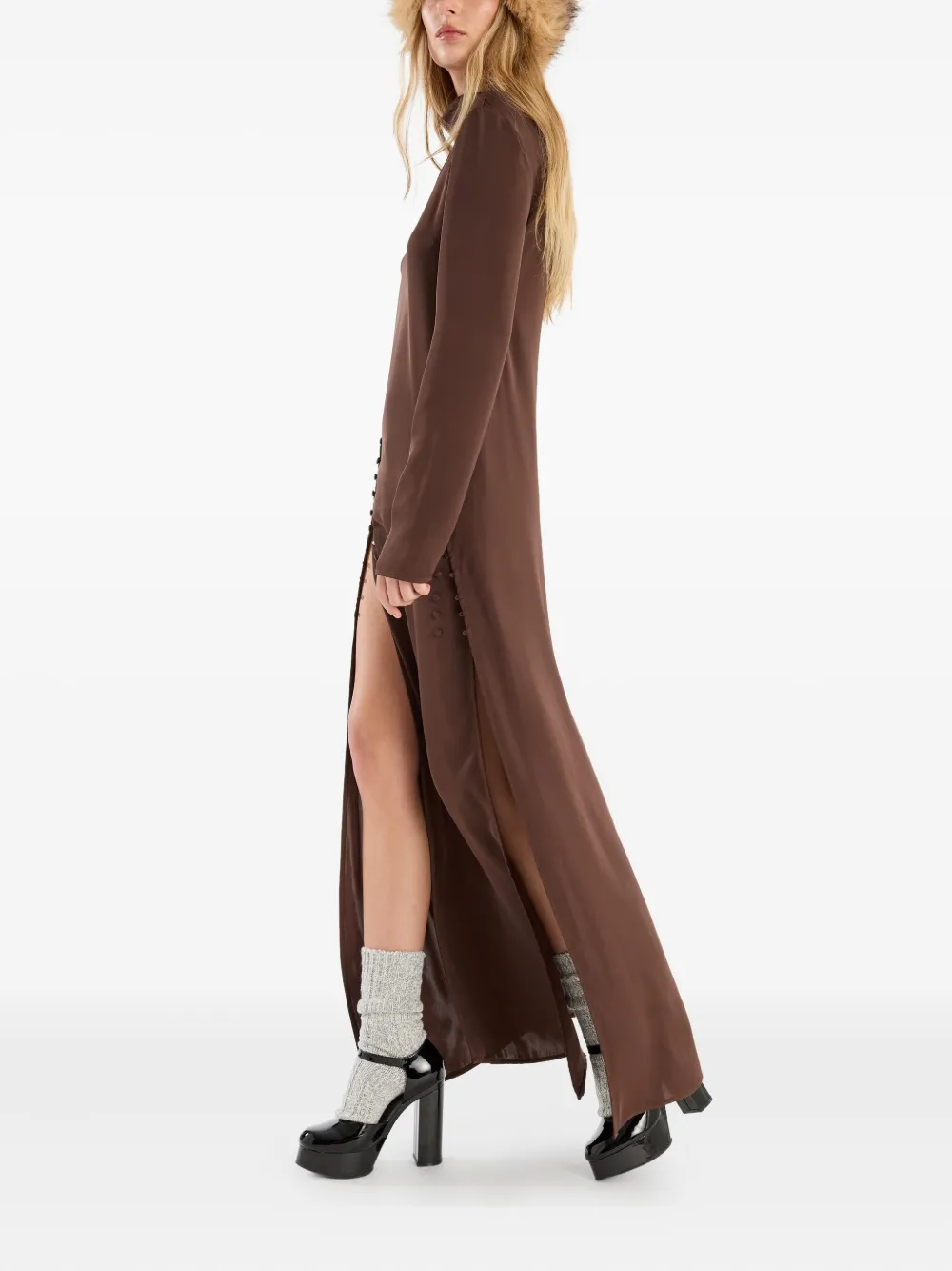 Rotate Birger Christensen Satin Long-sleeve Maxi Dress In Brown